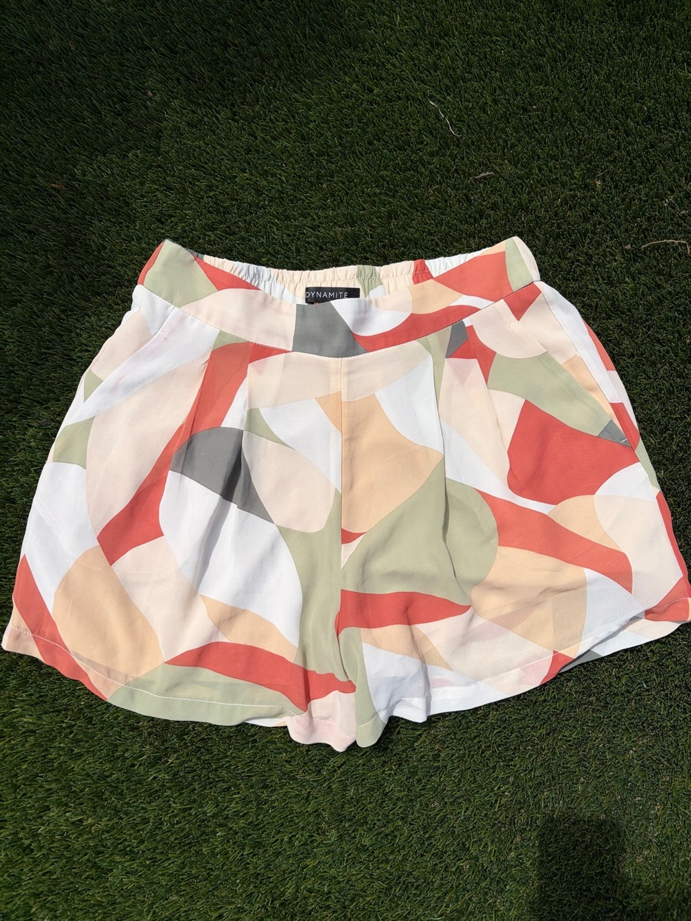 Dynamite Abstract Multicolor High Waist Shorts — Coral, Sage & Cream